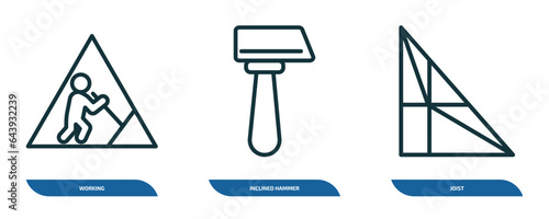set of 3 linear icons from construction concept. outline icons such as working, inclined hammer, joist vector