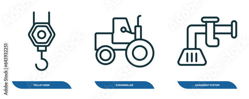 set of 3 linear icons from construction concept. outline icons such as pulley hook, steamroller, adjusment system vector