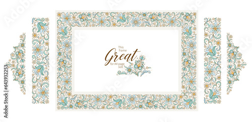 Vector flower pattern, A4 page size square frame, corner vignettes, border, card design template. Elements in Eastern style. Floral borders, flower illustration. Ethnic isolated ornaments.