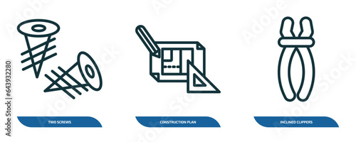set of 3 linear icons from construction concept. outline icons such as two screws, construction plan, inclined clippers vector