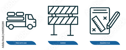 set of 3 linear icons from construction concept. outline icons such as truck with load, barrier, measures plan vector