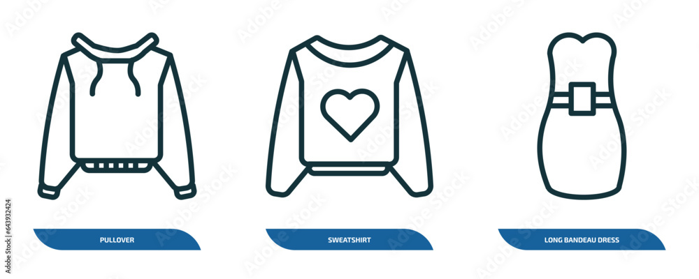 set of 3 linear icons from clothes concept. outline icons such as pullover, sweatshirt, long bandeau dress vector set of 3 linear icons from clothes concept. outline icons such as pullover, sweatshirt, long bandeau dress vector