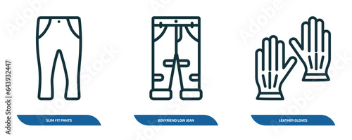 set of 3 linear icons from clothes concept. outline icons such as slim fit pants, boyfriend low jean, leather gloves vector