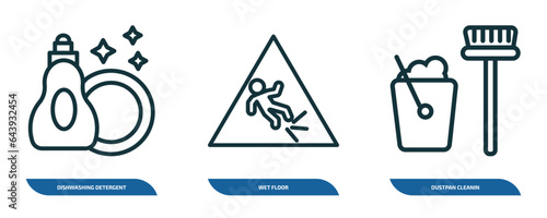 set of 3 linear icons from cleaning concept. outline icons such as dishwashing detergent, wet floor, dustpan cleanin vector