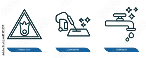 set of 3 linear icons from cleaning concept. outline icons such as oxidizing agent, carpet cleaning, faucet cleanin vector