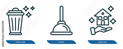 set of 3 linear icons from cleaning concept. outline icons such as trash cleanin, plunger, clean-living vector