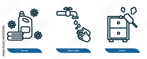 set of 3 linear icons from cleaning concept. outline icons such as softener, hands cleanin, dusting vector