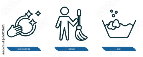 set of 3 linear icons from cleaning concept. outline icons such as washing dishes, cleaner, wash vector