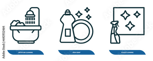 set of 3 linear icons from cleaning collection. concept. outline icons such as bathtub cleaning, dish soap, glass cleaning vector