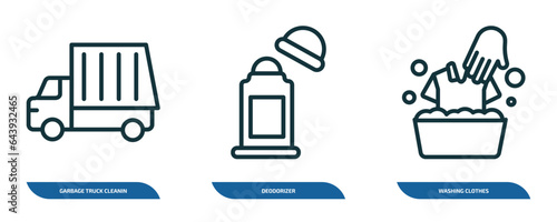 set of 3 linear icons from cleaning concept. outline icons such as garbage truck cleanin, deodorizer, washing clothes vector