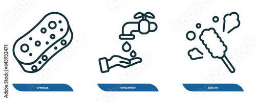 set of 3 linear icons from cleaning concept. outline icons such as sponges, hand wash, duster vector
