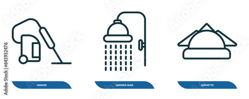 set of 3 linear icons from cleaning concept. outline icons such as hoover, shower head, serviette vector