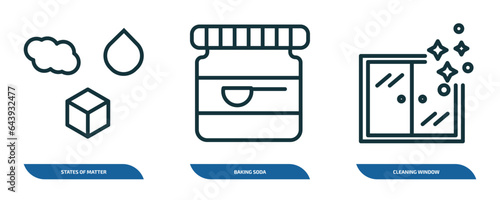 set of 3 linear icons from cleaning concept. outline icons such as states of matter, baking soda, cleaning window vector
