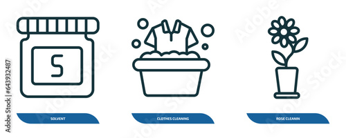 set of 3 linear icons from cleaning concept. outline icons such as solvent, clothes cleaning, rose cleanin vector