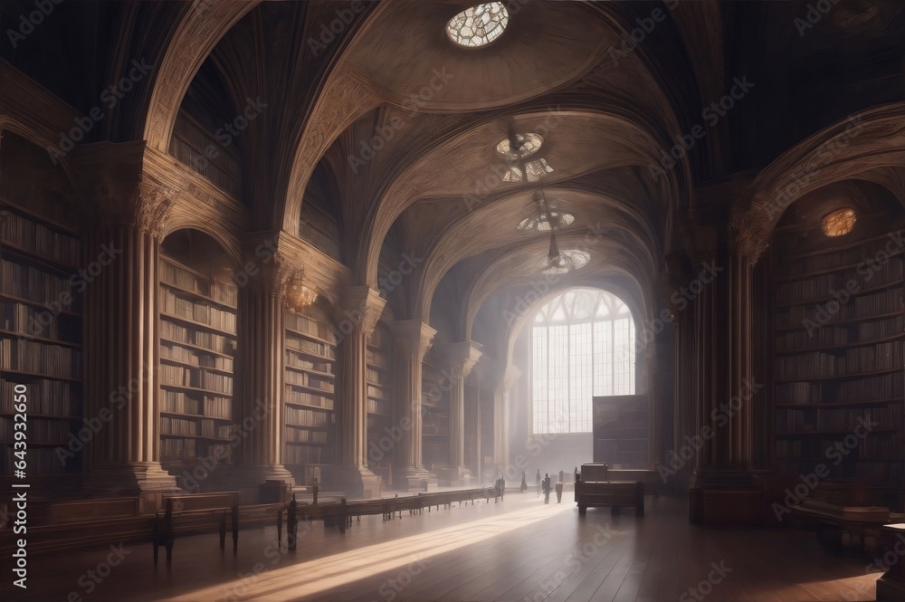 A grand hall of knowledge, filled with shelves of books that tell the stories of countless alternate realities.Created with generative AI