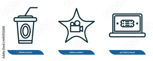 set of 3 linear icons from cinema concept. outline icons such as papper cup with straw, cinema celebrity, buy tickets online vector
