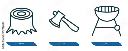 set of 3 linear icons from camping concept. outline icons such as stump, axe, grill vector