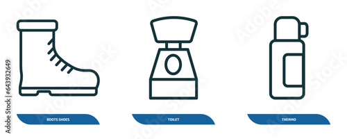 set of 3 linear icons from camping concept. outline icons such as boots shoes, toilet, thermo vector