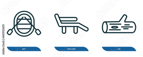 set of 3 linear icons from camping concept. outline icons such as raft, deck chair, log vector