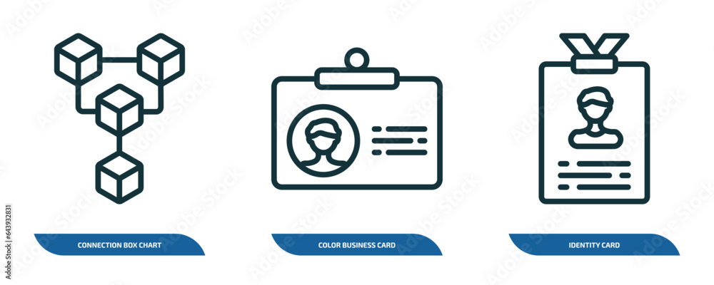 set of 3 linear icons from business concept. outline icons such as connection box chart, color business card, identity card vector set of 3 linear icons from business concept. outline icons such as connection box chart, color business card, identity card vector