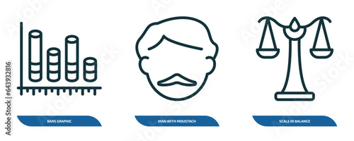 set of 3 linear icons from business concept. outline icons such as bars graphic, man with moustach, scale in balance vector
