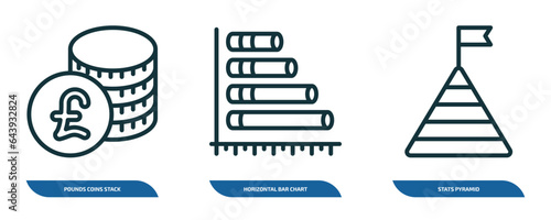 set of 3 linear icons from business concept. outline icons such as pounds coins stack, horizontal bar chart, stats pyramid vector