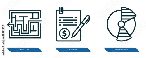 set of 3 linear icons from business concept. outline icons such as maze game, bailment, portion pie chart vector
