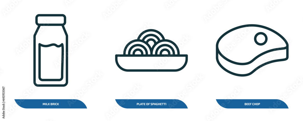 set of 3 linear icons from bistro and restaurant concept. outline icons such as milk brick, plate of spaghetti, beef chop vector set of 3 linear icons from bistro and restaurant concept. outline icons such as milk brick, plate of spaghetti, beef chop vector