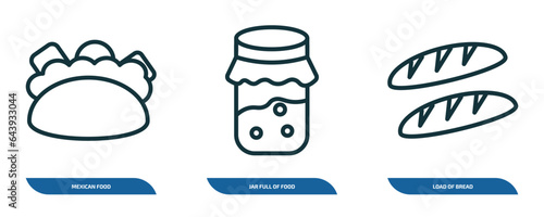 set of 3 linear icons from bistro and restaurant concept. outline icons such as mexican food, jar full of food, load of bread vector