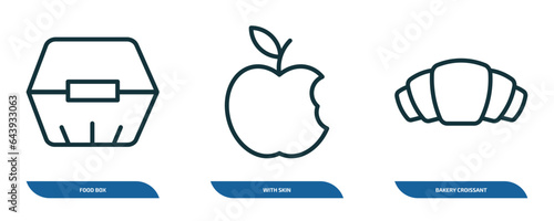 set of 3 linear icons from bistro and restaurant concept. outline icons such as food box, with skin, bakery croissant vector