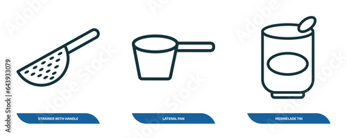 set of 3 linear icons from bistro and restaurant concept. outline icons such as strainer with handle, lateral pan, mermelade tin vector