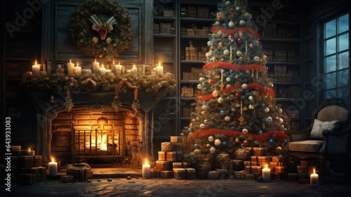 Interior of luxury classic living room with Christmas decor and magic atmosphere. Blazing fireplace  garlands and burning candles  elegant Christmas tree  gift boxes. Christmas celebration concept.