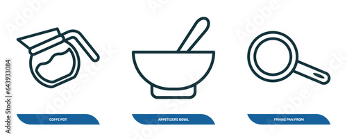 set of 3 linear icons from collection. thin linear concept. outline icons such as coffe pot, appetizers bowl, frying pan from top vector