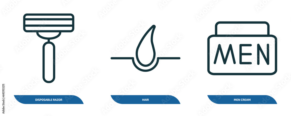 set of 3 linear icons from beauty concept. outline icons such as disposable razor, hair, men cream vector set of 3 linear icons from beauty concept. outline icons such as disposable razor, hair, men cream vector