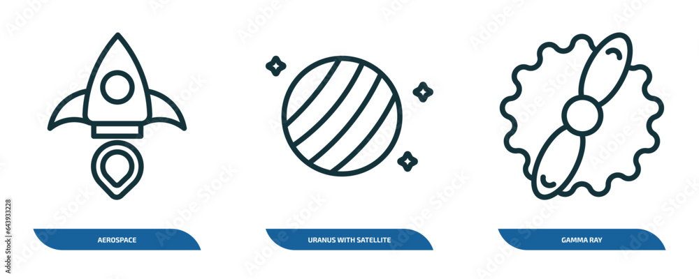 set of 3 linear icons from astronomy concept. outline icons such as aerospace, uranus with satellite, gamma ray vector set of 3 linear icons from astronomy concept. outline icons such as aerospace, uranus with satellite, gamma ray vector