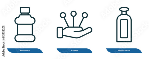 set of 3 linear icons from beauty concept. outline icons such as mouthwash, massage, inclined bottle vector