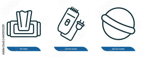 set of 3 linear icons from beauty concept. outline icons such as wet wipes, electric shaver, bath salts bomb vector