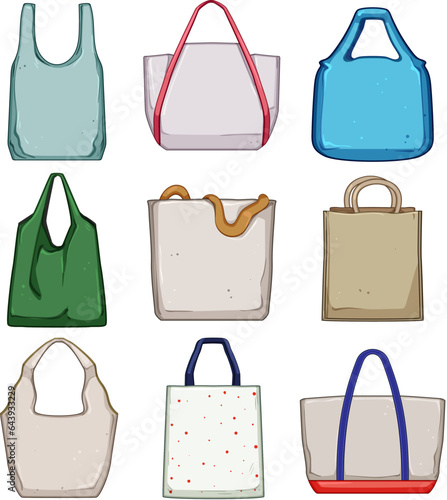 reusable bag set cartoon. fabric cloth, cotton tote, mockup canvas reusable bag sign. isolated symbol vector illustration