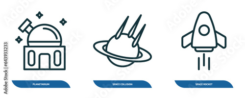 set of 3 linear icons from astronomy concept. outline icons such as planetarium, space collision, space rocket vector