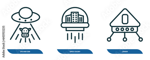 set of 3 linear icons from astronomy concept. outline icons such as ufo and cow, space colony, lander vector
