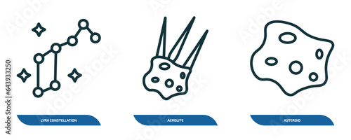 set of 3 linear icons from astronomy concept. outline icons such as lyra constellation, aerolite, asteroid vector
