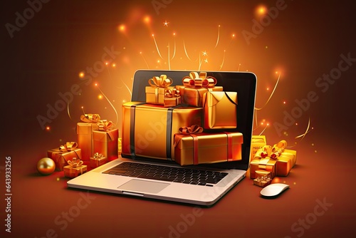 Online sales concept. Online buying Christmas gifts. Christmas gifts on the laptop screen. photo