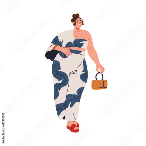 Happy plus-size woman standing in modern summer outfit. Smiling young fat girl with chubby chunky body, stylish casual clothes, apparel and bag. Flat vector illustration isolated on white background