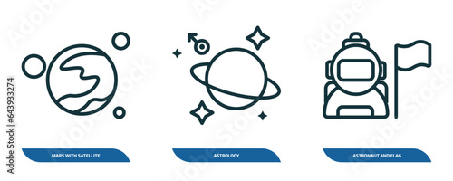 set of 3 linear icons from astronomy concept. outline icons such as mars with satellite, astrology, astronaut and flag vector