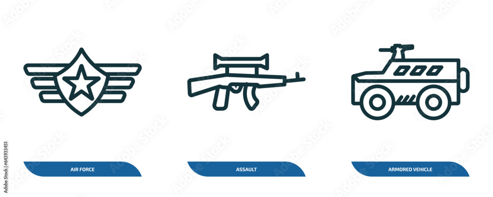 set of 3 linear icons from army and war concept. outline icons such as air force, assault, armored vehicle vector