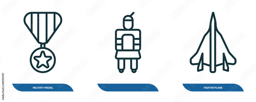 set of 3 linear icons from army and war concept. outline icons such as militaty medal, , fighter plane vector set of 3 linear icons from army and war concept. outline icons such as militaty medal, , fighter plane vector