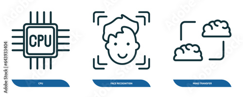 set of 3 linear icons from artificial intellegence concept. outline icons such as cpu, face recognition, mind transfer vector