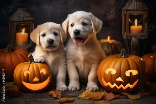 On halloween, two adorably mischievous puppies explore their indoor environment surrounded by festive pumpkins, delighting all animal-lovers with their furry joy and curiosity