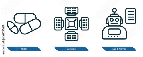 set of 3 linear icons from artificial intellegence concept. outline icons such as medicine, nano sensor, laws of robotics vector