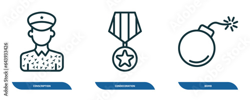 set of 3 linear icons from army and war collection. concept. outline icons such as conscription, condecoration, bomb vector